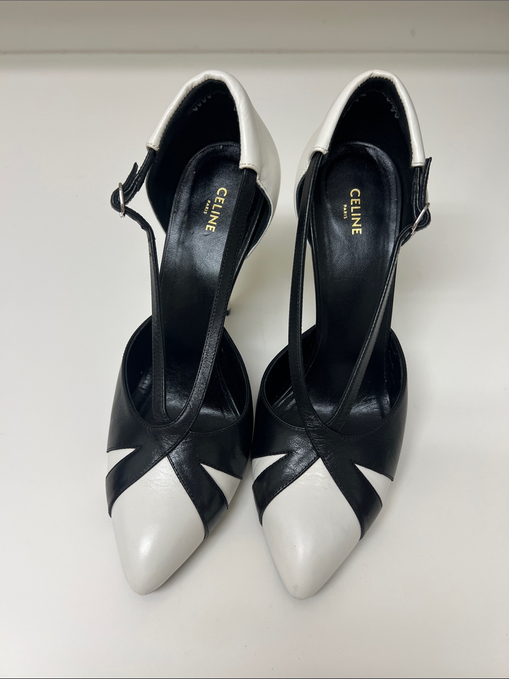 Celine Two-Tone Black And White Pointed Leather Heels